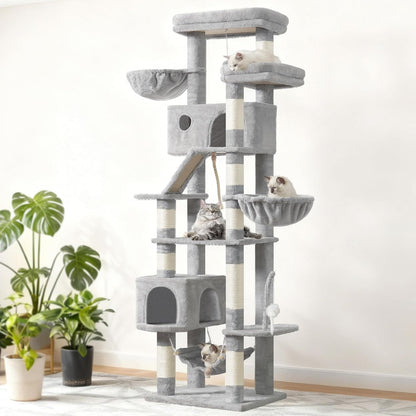 Krabpaal groot, kattenboom grote katten stabiel voor binnen, 200 cm kattenkrabpaal met ruime platforms, kattenholen, hangmat, sisalzuilen, lichtgrijs GCT031W