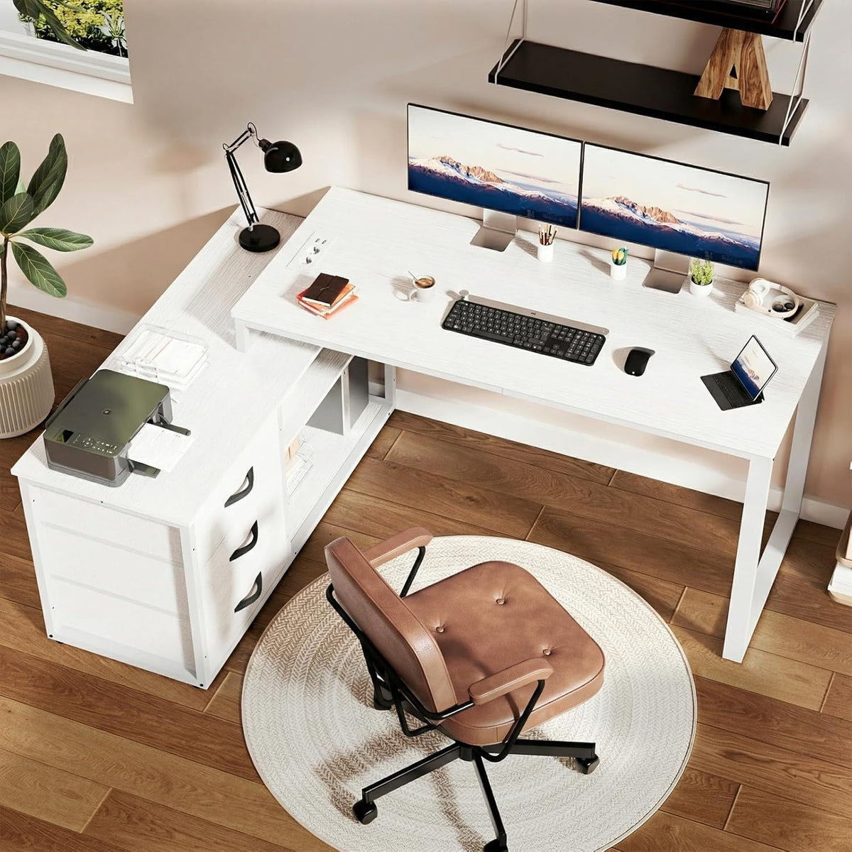 JUMMICO Hoekbureau met 3 laden, omkeerbaar L-vormige computerbureau 140x105cm met extra opbergruimte, bureaus met stopcontact, verstelbare scheidingshoogte, wit