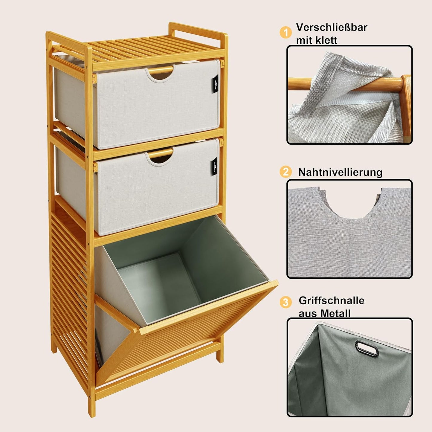 Adel Dream Wasmand, bamboe, wasmanden, 3 vakken, wasverzamelaar voor vuile was, opslag voor voorwerpen, wasbox, wasmand, wassorteerder, lichtgrijs Hellgrau-06-28