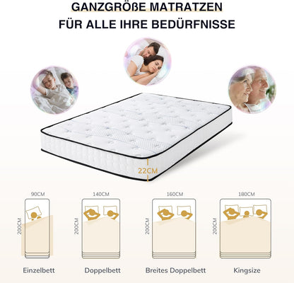 Ego Home Pocketveringmatras, 140 x 200 cm, hoogte 22 cm, ergonomisch, 7 zones, pocketveringmatras met comfortschuim en microvezelovertrek, hardheidsgraad H3 matras, Oeko-Tex-gecertificeerd