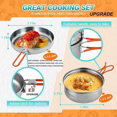 KingCamp Camping Kookgerei Set Servies Rvs Mess Kit Pot Pan Plate Bowl Lepel Vorkmes Karabijnhaken Reizen Kookgerei Outdoor Trekking Wandelen Picknick 25 Stuks voor 3 Personen