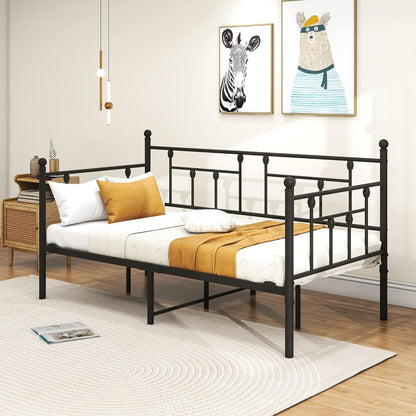 Dagbed, bedframe, 90 x 200 cm, eenpersoonsbed, slaapbank met lattenbodem, voor logeerkamer, tienerbed, metalen bed, dagbed, bedframe voor slaapkamer en woonkamer, zwart