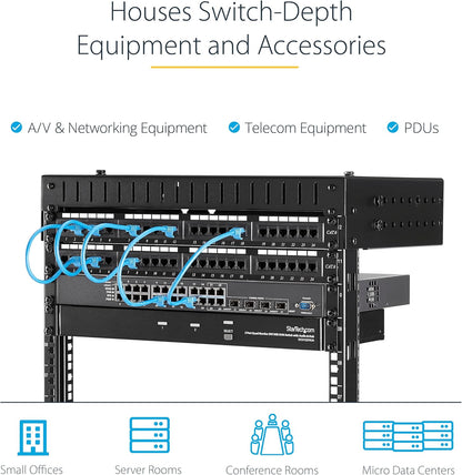 StarTech.com 8U wandrek met 2 stijlen, 19 inch serverrek met open frame, instelbare diepte, wanddata rack voor IT/AV - Inclusief bevestigingsmoeren en schroeven (RK812WALLOA)