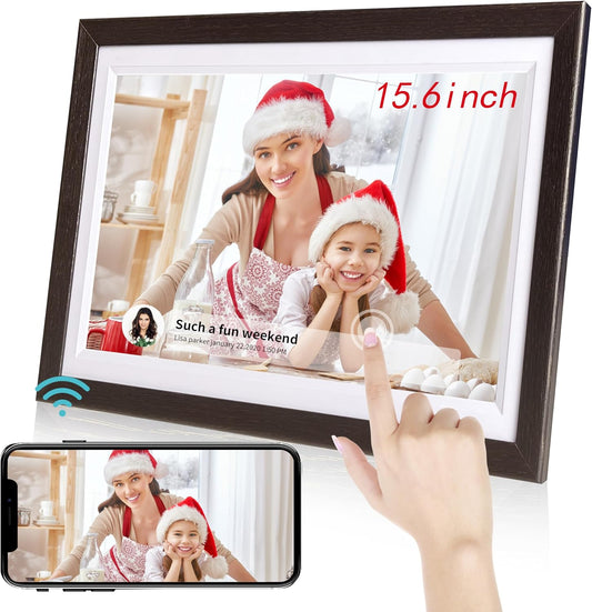 15,6 inch WLAN digitale fotolijst, 1366 x 768 IPS touchscreen, digitale fotolijst, 32G walnoot, deel foto's of video's via de Uhale-app
