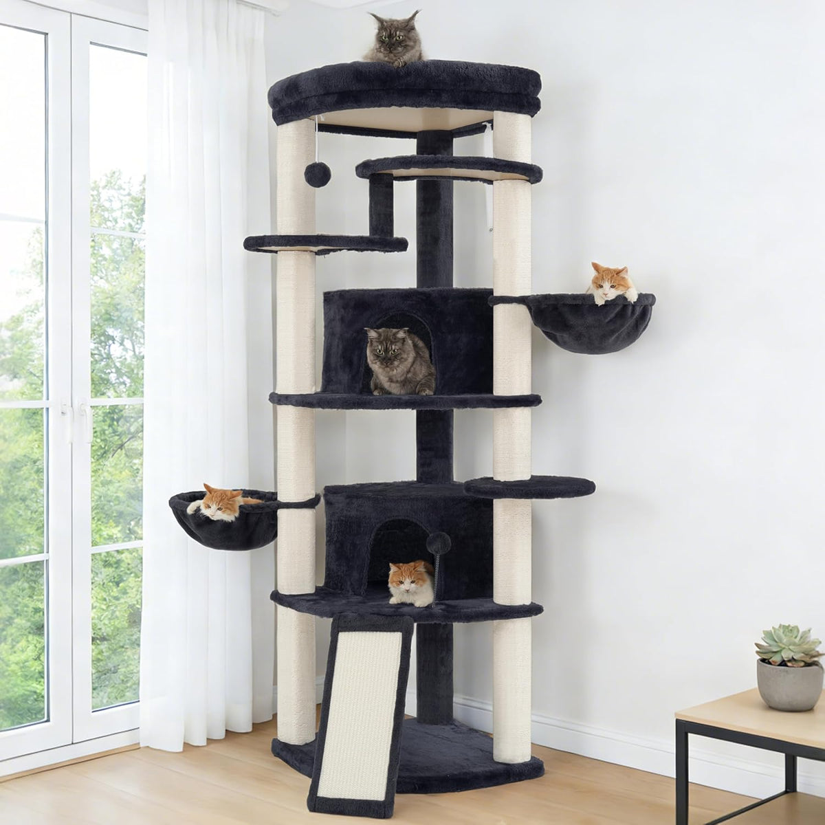 Corner Cat Tree for Indoor Cats, Cat Tower with All Sisal Scratching Posts, Multi-level Cat Condo wth 2 Large Cat Caves, Big Top Perch, 2 Hanging Baskets, Sisal Ramp, Drak Gray GCT035G