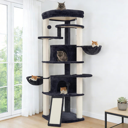 Corner Cat Tree for Indoor Cats, Cat Tower with All Sisal Scratching Posts, Multi-level Cat Condo wth 2 Large Cat Caves, Big Top Perch, 2 Hanging Baskets, Sisal Ramp, Drak Gray GCT035G