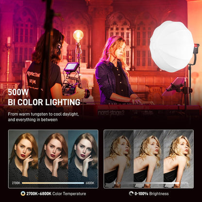 GVM 500 W led-videolamp met app-bediening, 2700 K - 6800 K COB studiolcht videolicht 27040Lux/1 m, studio-fotografie verlichting met bowen-houder, continu licht voor fotografie met standaard afdekking