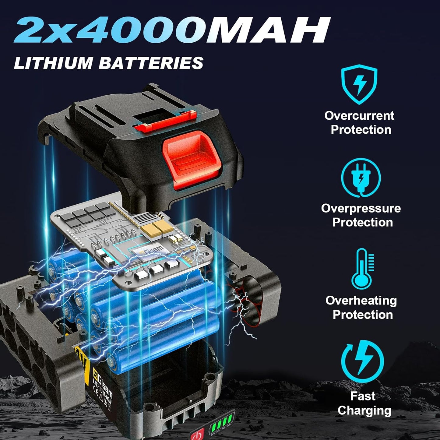 Gisam 850 Nm Accu-slagschroevendraaier met 2 accu's en dopsleutelset, multifunctionele gereedschapsset voor het verwisselen van banden voor auto's, steigers (000-met 2 accu's)