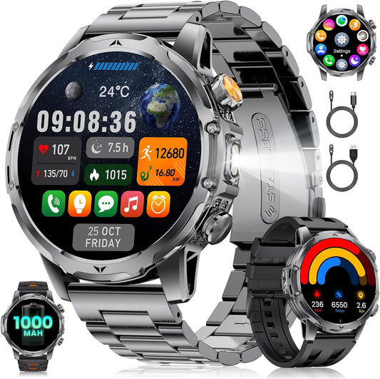 Smartwatch voor heren met 1000 mAh batterij voor Android iOS, 1,53 inch HD groot touchscreen, militaire smartwatch met 24 uur hartslag/110 sportmodi, IP68 waterdichte zaklamp, fitnesshorloge, 3