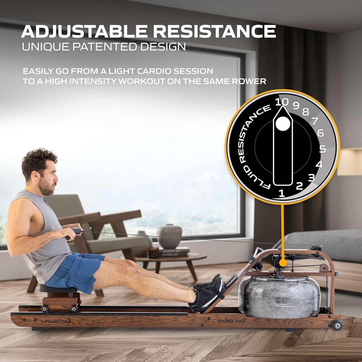 Fluid Rower Viking 3 XL Rowing Machine - 10 Resistance Rowing Machine - Heart Rate Monitor - Water Resistance - Rowing Machine for Home - Color: Walnut - QUORE