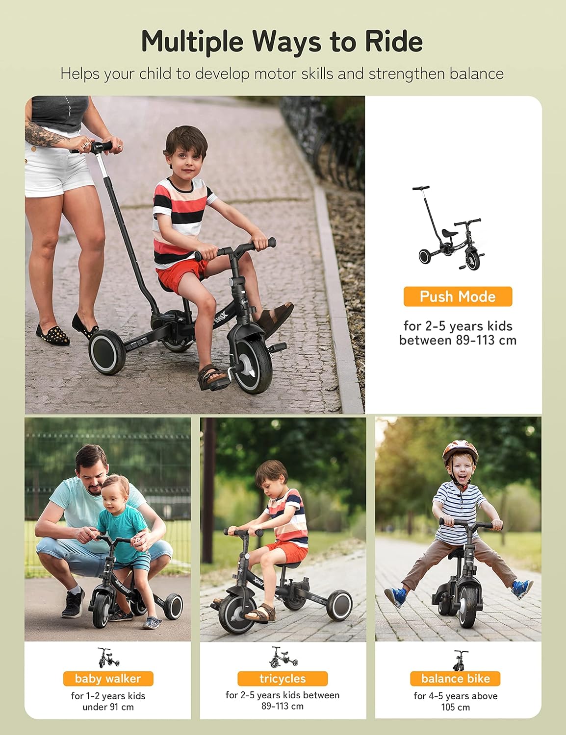 besrey 7-in-1 driewieler voor peuters met stuurgreep voor 1-5 jaar, opvouwbare wielen, peuterfiets met wielkoppeling, grotere wielen, afneembare pedalen, in hoogte verstelbare zitting, zwart