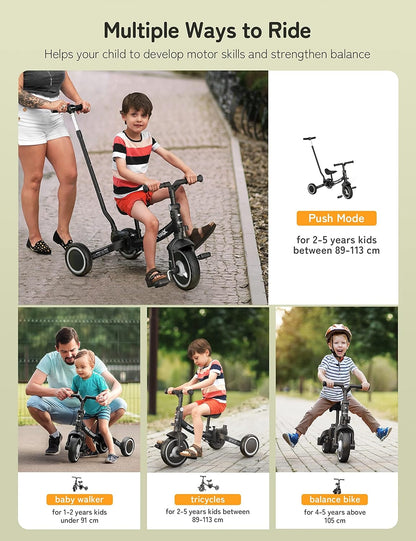 besrey 7-in-1 driewieler voor peuters met stuurgreep voor 1-5 jaar, opvouwbare wielen, peuterfiets met wielkoppeling, grotere wielen, afneembare pedalen, in hoogte verstelbare zitting, zwart