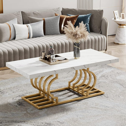 Tribesigns Modern Coffee Table, Living Room Table, Faux Marble, Cocktail Table with Geometric Frame, Rectangular Center Table, Tea Table, Accent Furniture Table, Sofa, Side Table for Home Office, White and