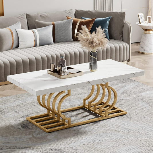 Tribesigns Modern Coffee Table, Living Room Table, Faux Marble, Cocktail Table with Geometric Frame, Rectangular Center Table, Tea Table, Accent Furniture Table, Sofa, Side Table for Home Office, White and