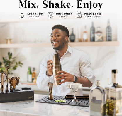 Cocktailset – Cocktail Shaker Set – Bartender Kit – Mixology Set – Barset – 14-Delige Set Met Bamboe Standaard – 800 Ml Boston Shaker In Messing/Zwart Met 35 Receptenkaarten