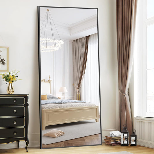 WOLIBEER Grote full-body spiegel, 192 x 85 cm, full-body spiegel met aluminium frame, zwart, rechthoekige wandspiegel, staande spiegel, spiegel voor slaapkamer, woonkamer, kleedkamer, fitnessstudio,