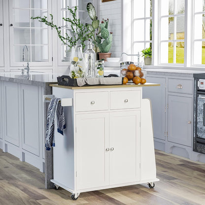 HOMCOM Kitchen trolley with wheels, serving trolley with spice rack, kitchen aid, P2 MDF, rubber tree wood, white + natural, 89 x 45 x 89.5 cm - QUORE