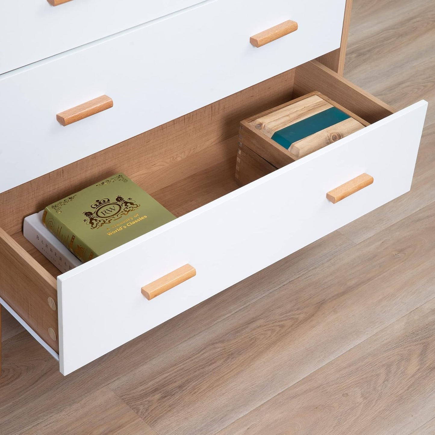 HOMCOM Chest of Drawers with 3 Drawers, Sideboard, Chest of Drawers, Cupboard, Multifunctional Cabinet, Living Room, Dining Room, Scandinavian Design, White and Natural, 80 x 39 x 80 cm - QUORE