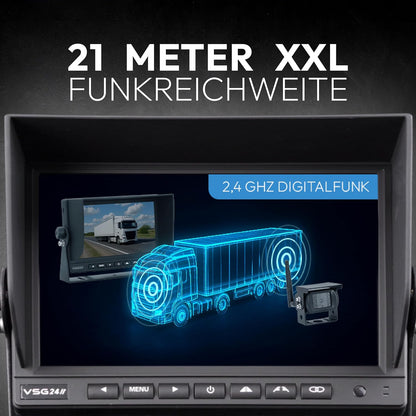 VSG24 24145 – 7" Draadloos PROFI Achteruitrijdsysteem voor RV & Truck, Camera Set, Afstandslijn Display, Nachtzicht, 120° Hoek, 12V, e-Approval, IP68
