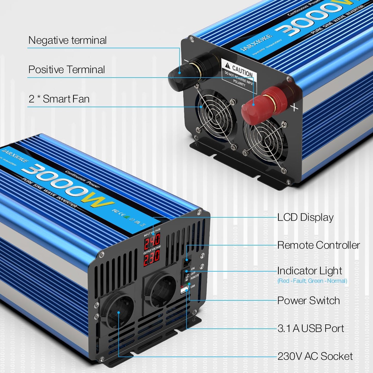 Omvormer zuivere as 3000 W omvormer 24 V 220 V / 230 V stroomomvormer - 2 AC-stopcontacten en USB-poorten en aansluitingen met hoge stroomsterkte voor auto, caravan, boot