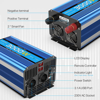 Omvormer zuivere as 3000 W omvormer 24 V 220 V / 230 V stroomomvormer - 2 AC-stopcontacten en USB-poorten en aansluitingen met hoge stroomsterkte voor auto, caravan, boot