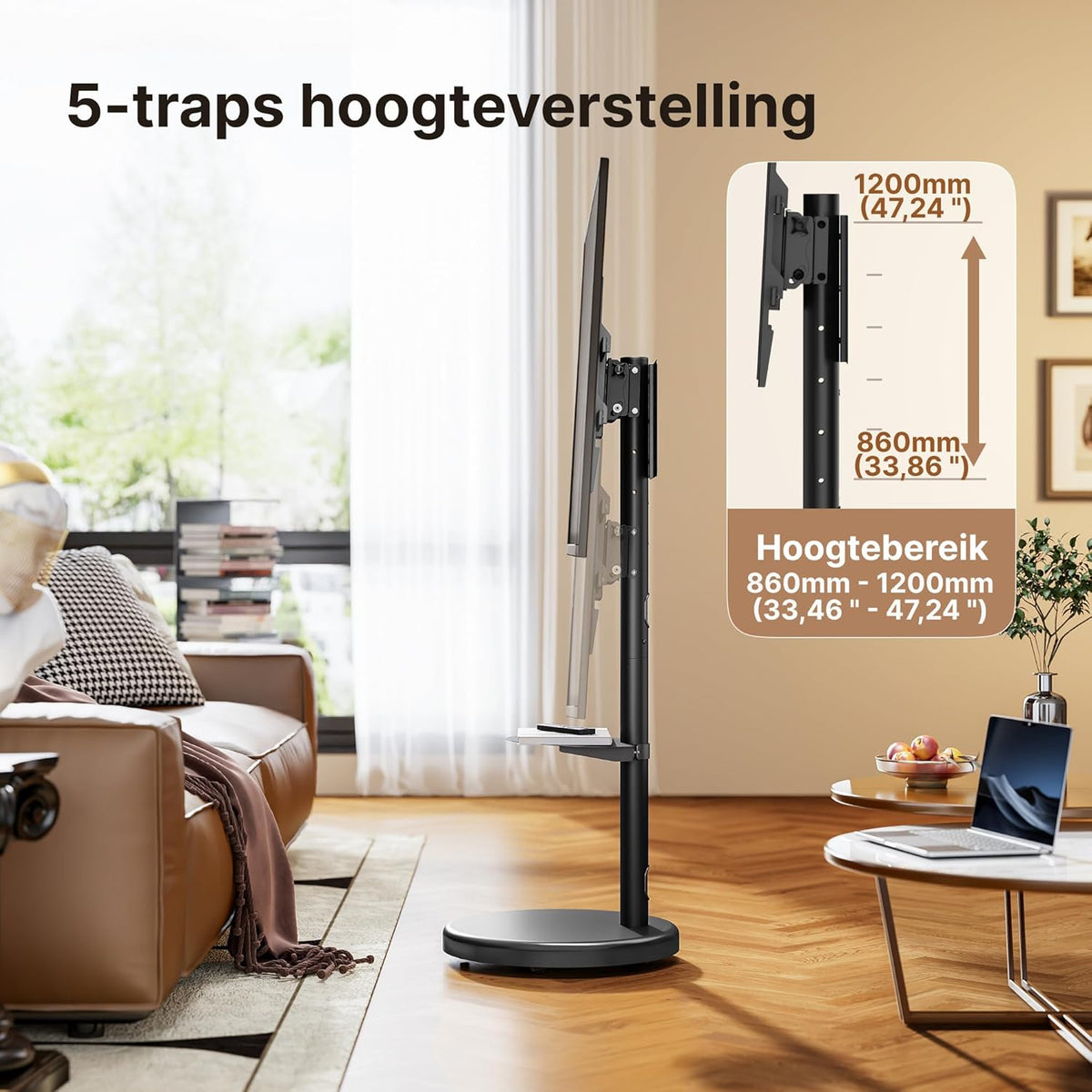In hoogte verstelbare oprolbare tv-standaard voor 37-86 inch televisie, 50 kg draagvermogen, staand en liggend formaat, stabiele mobiele tv-wagen met plank, max. VESA 600x400mm (zwart)