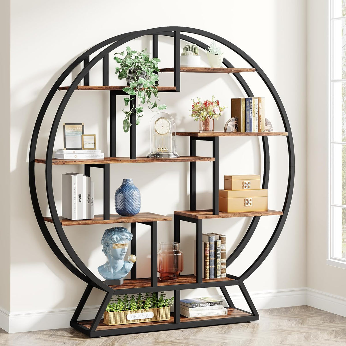 Tribesigns Round Bookcase, 5 Tiers Standing Storage Stand, 160cm High, Rustic Open Organizer for Home, Office, Living Room, Brown
