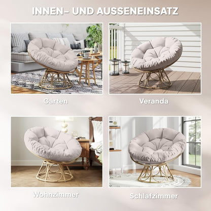 Outsunny Papasansessel Rattan 360° drehbar Korbsessel mit Sitzkissen Durchmesser 120cm runder Outdoor Rattansessel Drehsessel Loungesessel Liegesessel für Wohnzimmer Garten Balcony Hellgrau