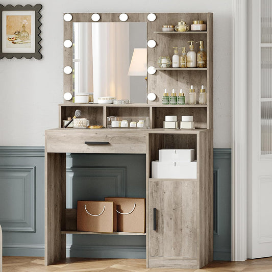 Hzuaneri Dressing Table with Mirror and 10 Led Lighting,with 3 Shelves & 4 Open Compartments, Dressing Table with Large Drawer & Cabinet, 3 Adjustable Luminosity, GreigeVT08105X