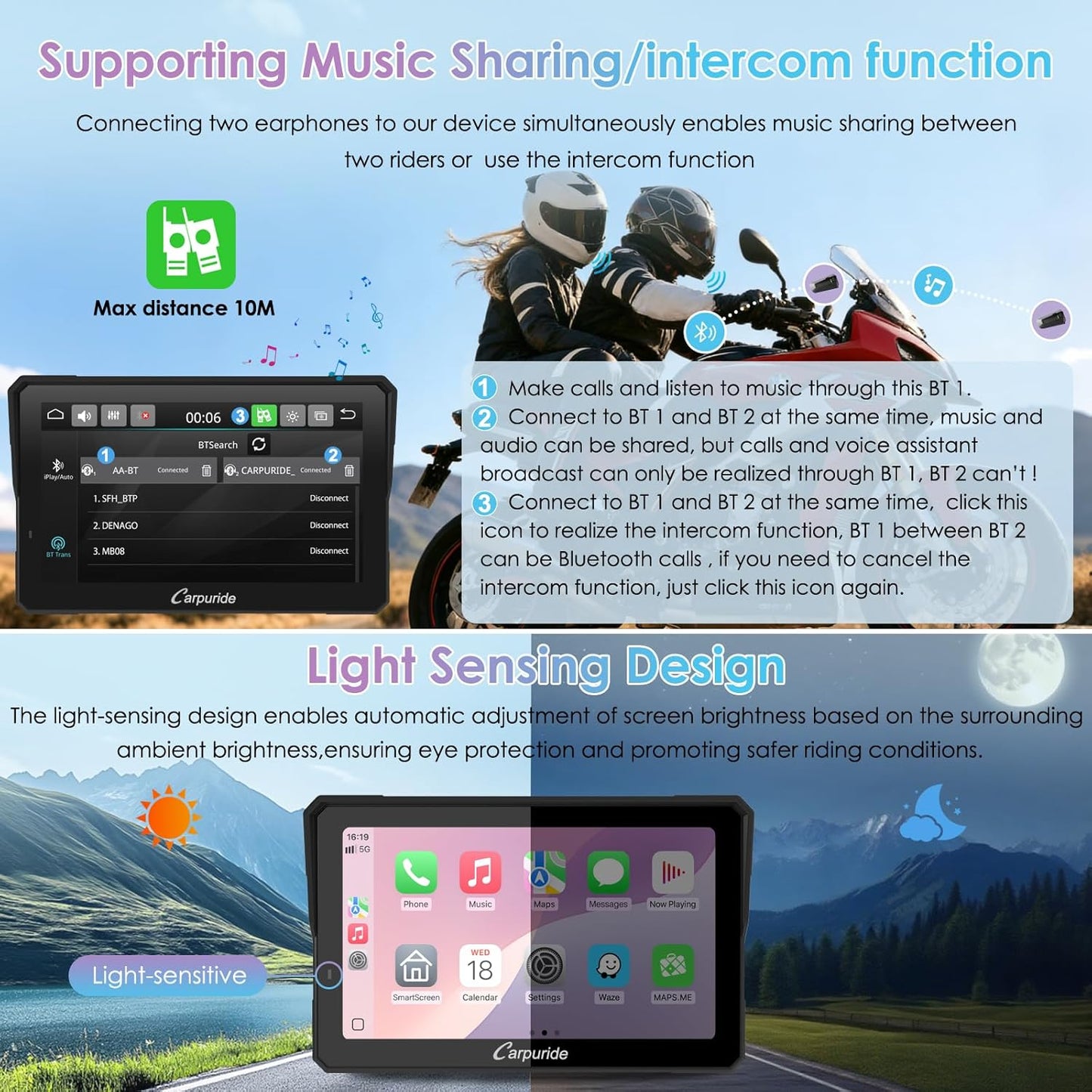 CARPURIDE W702RS Pro Motorfiets Carplay Scherm met Radar BSD en BM05 Mount, Draadloze CarPlay & Android Auto, 7 inch Waterdicht Touchscreen, Intercom Functie, Dual Bluetooth, Wired Controller, Navi.