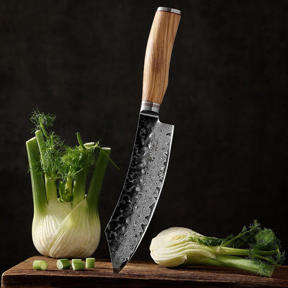 Wakoli Olive HS Damast Grill blokmes van echt damaststaal (VG10 kern), 20 cm lemmet, scherp en ergonomisch, damastmes met olijfhouten handvat in houten box, keukenmes en vleesmes voor grill