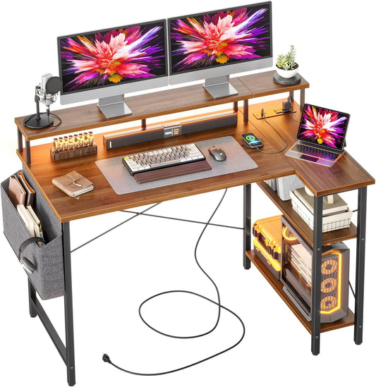 BEXEVUE L-vormig Hoekbureau Stopcontacten LED - 120x70 cm Hoekcomputerbureau Schrijftafel, Omkeerbare Grote Opbergplanken, Boekenplank Werkstation voor Studie Speel Werk Slaapkamer Thuis Kantoor