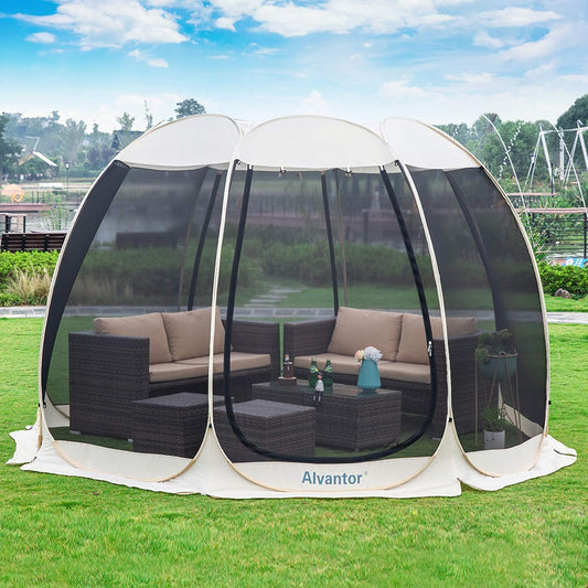 Alvantor Scherm Huis Kamperen Tent Outdoor Luifel Pop Up Zonnescherm Onderdak 8 Mesh Muren Niet Waterdicht Beige 366 x 366 cm patent aangevraagd
