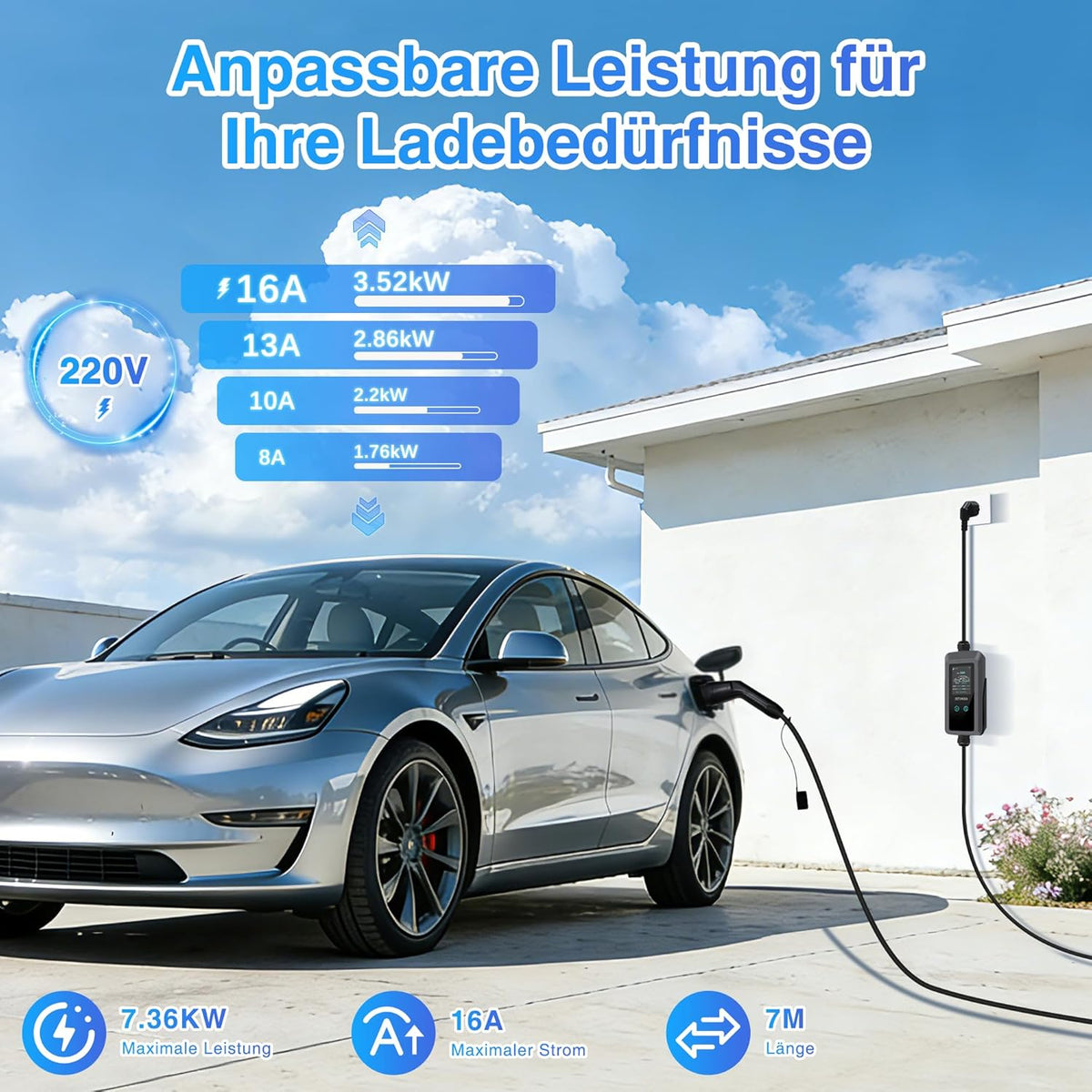 Type 2 EV-lader – Elektrische Autolader – EV Oplader – Type 2 Laadkabel – Draagbare EV Charger – Instelbare Stroom 6-16A – 3,68 kW Vermogen – 6 Meter Kabellengte