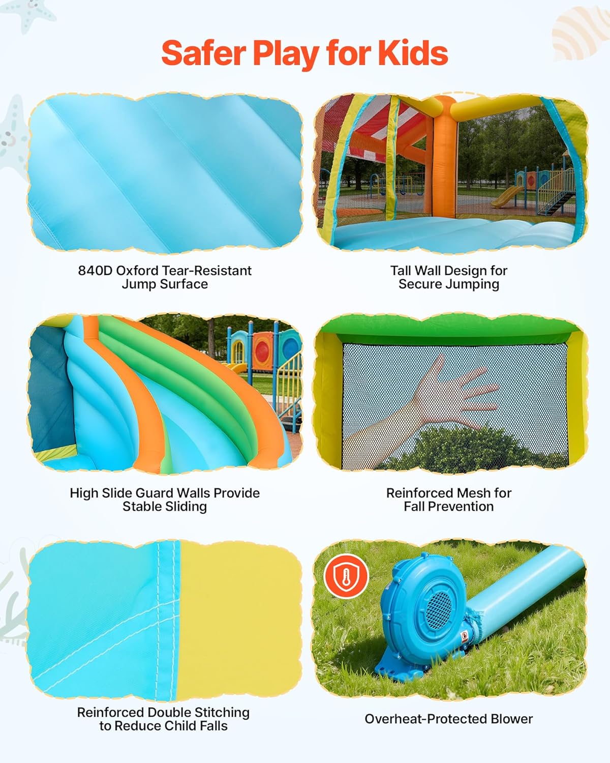 VEVOR Springhuis voor kinderen, opblaasbaar springhuis met luchtblazer, waterglijbaan, uitsmijterkasteel met kasteelspringers, hoge glijbaan, spatzwembad en pretend-marktstand, voor 3 tot 4 kinderen