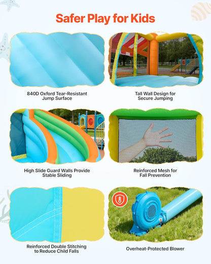 VEVOR Springhuis voor kinderen, opblaasbaar springhuis met luchtblazer, waterglijbaan, uitsmijterkasteel met kasteelspringers, hoge glijbaan, spatzwembad en pretend-marktstand, voor 3 tot 4 kinderen