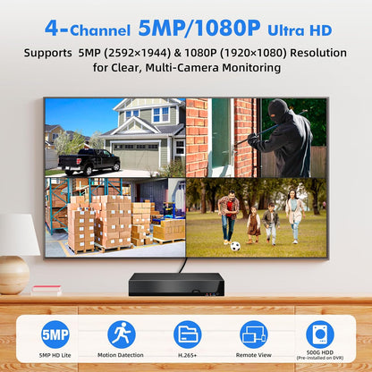 4-kanaals CCTV bewakingsDVR met 500 GB HDD, 4 Ch 5MP H.265+ DVR video-recorder voor analoge XVI AHD TVI IP-camera's, DVR voor beveiligingscamera-bewakingssysteem voor thuis, mobiele app en pc (systeem