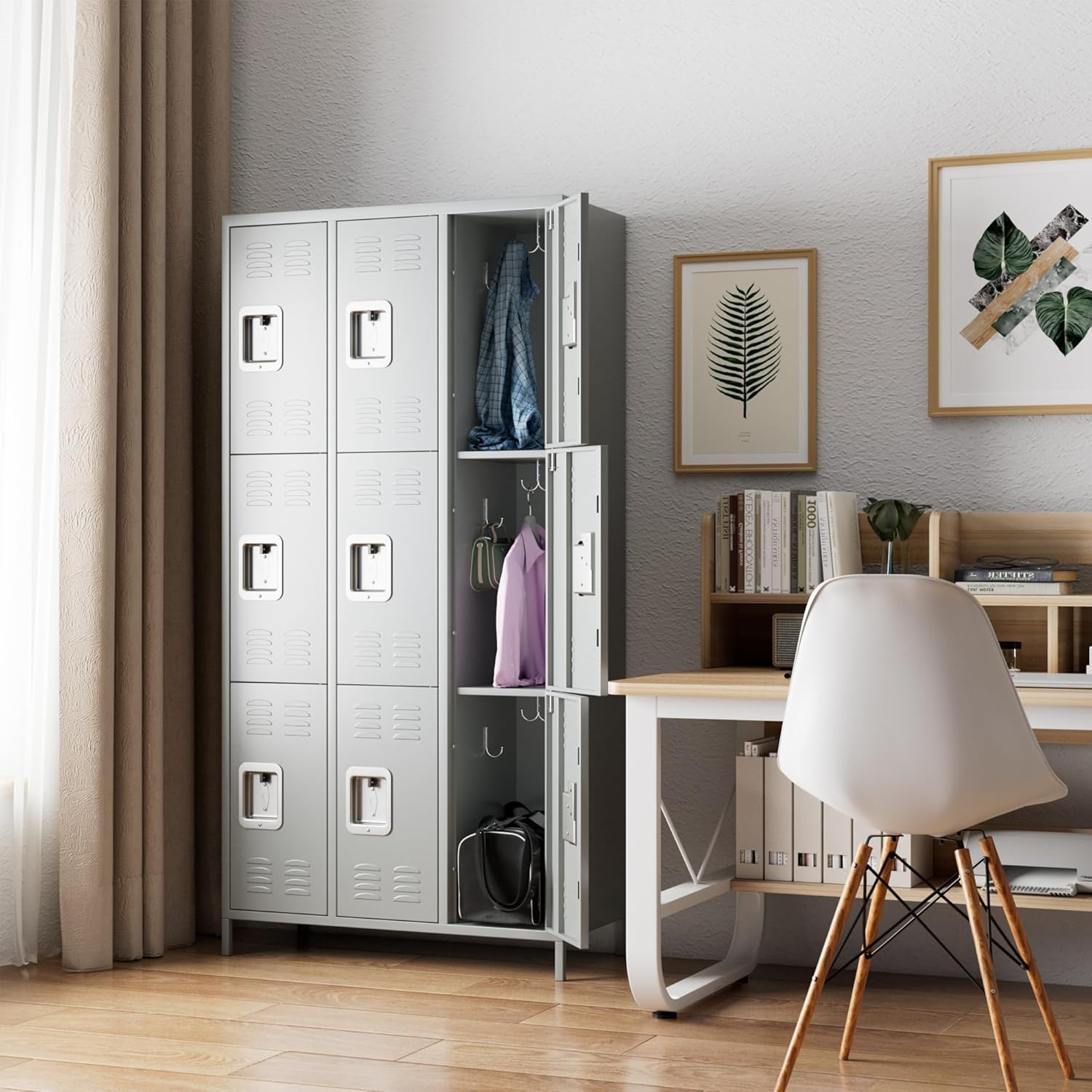 Closet, Metal with 9 Compartments, Metal Wardrobe with Ventilation Slots for Employees, Gym, School, Office (Light Grey) - QUORE