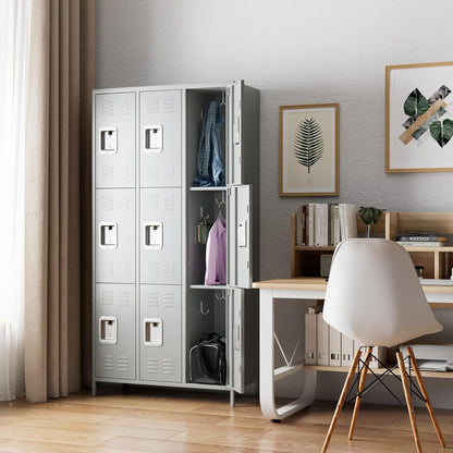 Closet, Metal with 9 Compartments, Metal Wardrobe with Ventilation Slots for Employees, Gym, School, Office (Light Grey) - QUORE