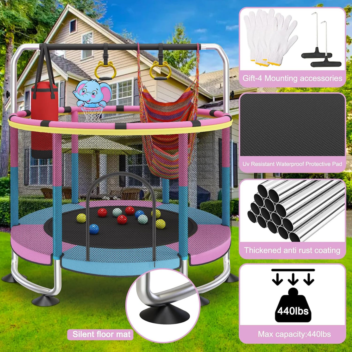 Trampoline voor kinderen, 150 cm, voor binnen en buiten, 200 kg verstelbaar, met basketbalmand en behuizing, cadeau voor jongens en meisjes