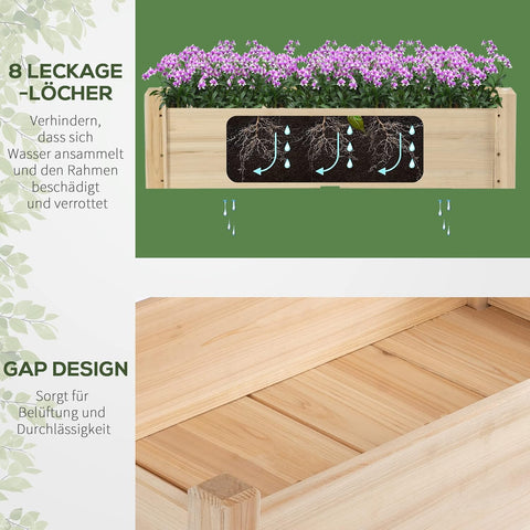 Outsunny verhoogd bed, 2 verdiepingen, koud frame, kruidenbed, plantenbak met 8 afvoergaten, massief hout, naturel, 86 x 85 x 72 cm
