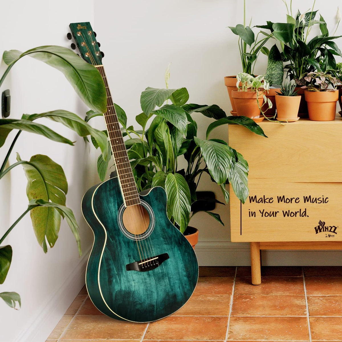 Winzz 40 Inches Akoestische Staalsnarige Gitaar Beginner, Elegant Uniek Kleurenontwerp (Blauw-groen)