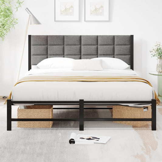 Bedframe, 120 x 200 cm met lattenbodem van metaal, gestoffeerd bed met opbergruimte, bedframe, tienerbed, tweepersoonsbed met hoofdeinde, voor slaapkamer, logeerkamer, donkergrijs