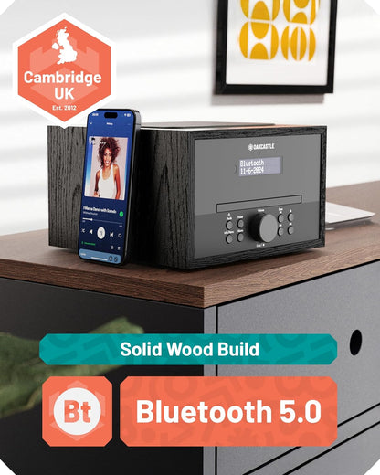 DAB+ Bluetooth radio en cd-speler, 40 W netvoeding hifi-systeem voor thuis, geïntegreerde luidsprekers, led-display, dubbel alarm, 20 voorinstellingen en FM, USB, MP3, AUX, afstandsbediening