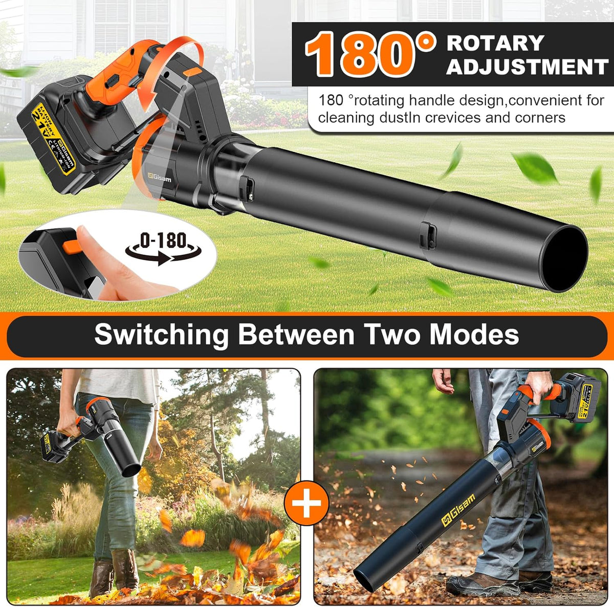 Accubladblazer, 2-in-1 bladblazer borstelloze met 2x6.0Ah accu's, Leaf Blower 3-versnellingen Max 800000RPM, luchthoeveelheid 850m³/h, verticale en horizontale modus bladblazer voor tuin, bladeren