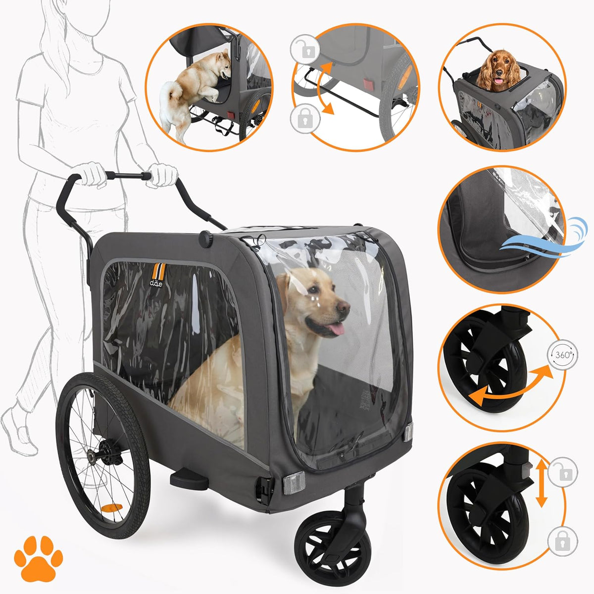 Carter - 3in1 Hond Huisdier Fiets, Fietstransportaanhanger, Huisdier & Winkelwagen Fietskinderwagen, Jogger, Handige Trolley, Gemakkelijk Op te Vouwen, Inclusief Regenschermen, Max