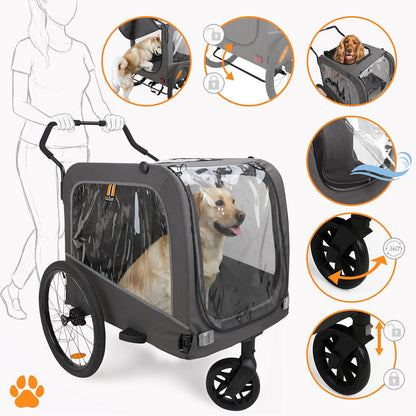 Carter - 3in1 Hond Huisdier Fiets, Fietstransportaanhanger, Huisdier & Winkelwagen Fietskinderwagen, Jogger, Handige Trolley, Gemakkelijk Op te Vouwen, Inclusief Regenschermen, Max