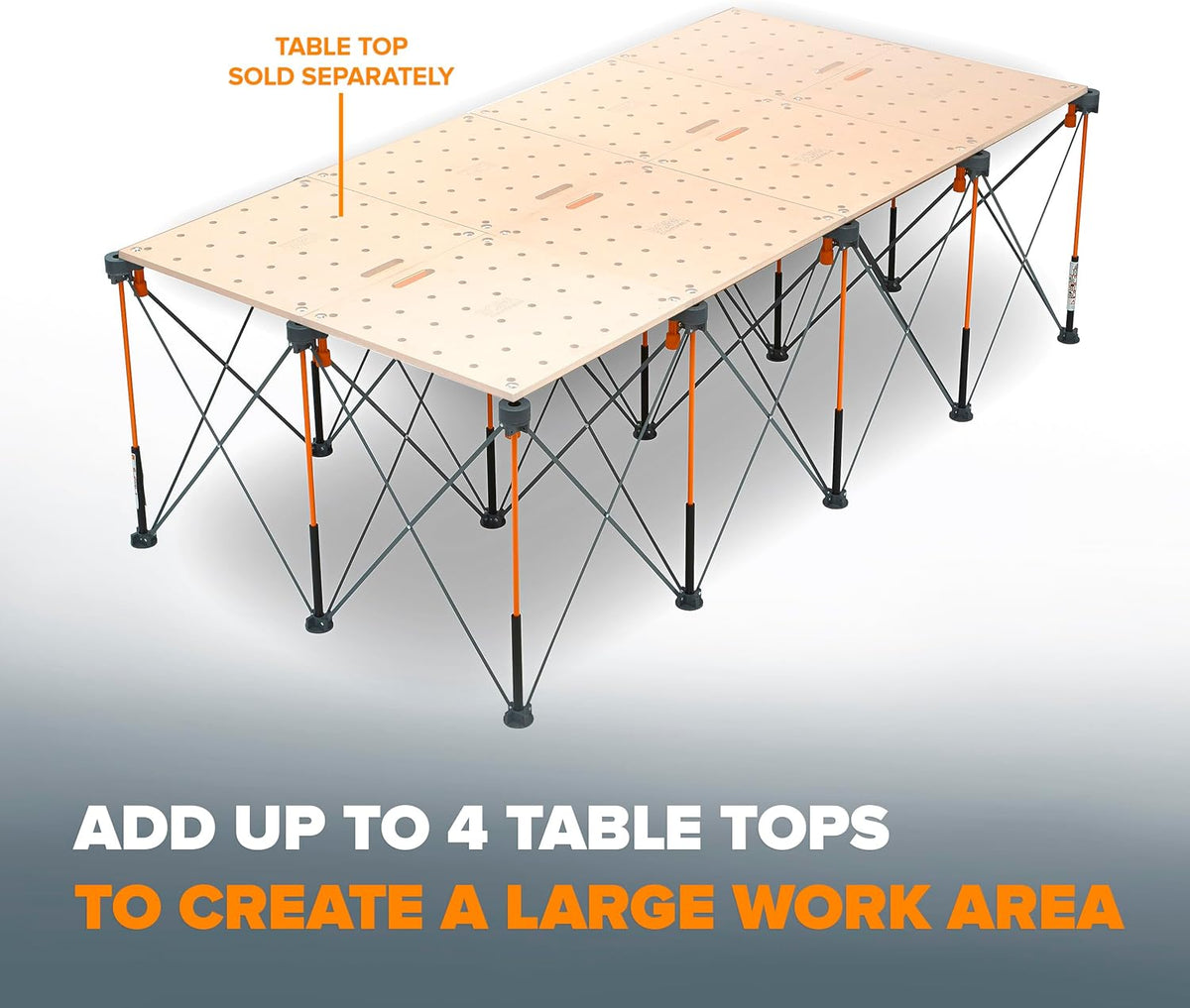 Bora Duizendpoot 4x8 werkstandaard met 15 veerpoten en draagbare tafel | XL Sawhorse-ondersteuning met vouwen, inklapbare stalen poten, CK15S, oranje.
