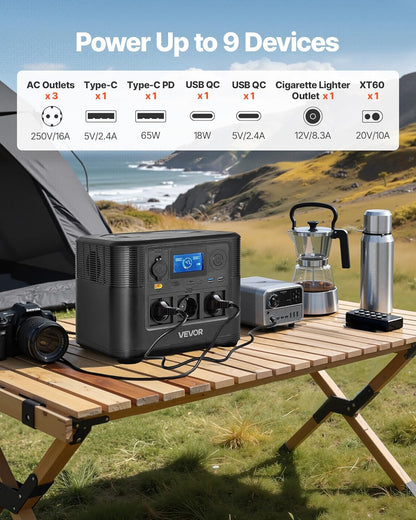 VEVOR Draagbaar powerstation, 1200 W, LifePO4-accu, 806 WH, met 9 uitgangen, voor thuis, camping, reizen in de camper, zonnepaneel niet inbegrepen