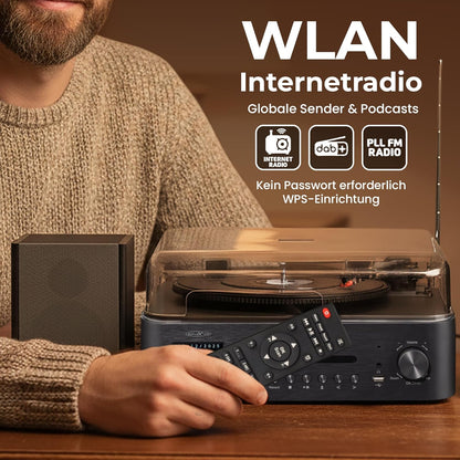 Reflexion Draaitafel met luidspreker en wifi, retro hifi-installatie met DAB+, internetradio, bluetooth, cd, USB-mp3-opname, kleurendisplay, wekker en slaaptimer, compleet systeem incl